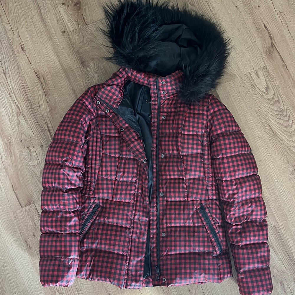 Talbots puffer jacket black & red plaid XS